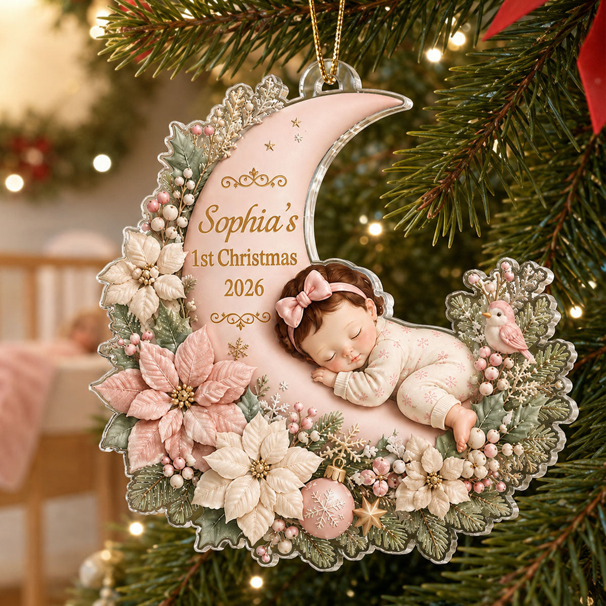 First Christmas Baby Boy Girl on Floral Moon - Personalized Acrylic Ornament - Christmas Gift for New Mom, Dad