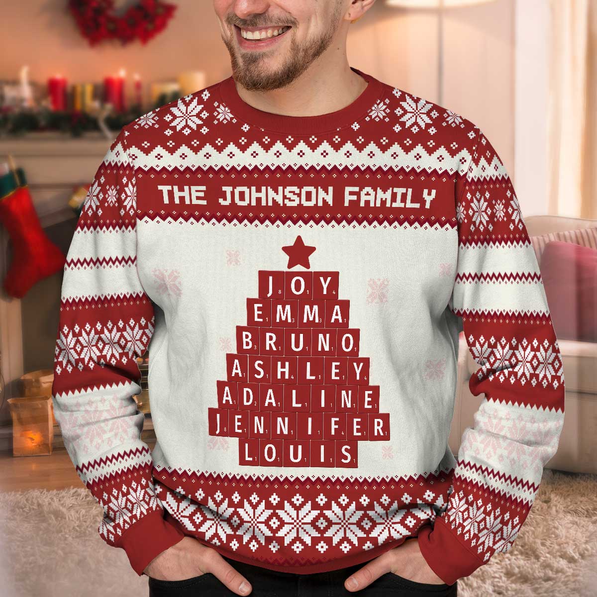 Unique Word Art Family Member Names Personalized Faux Knitting Ugly Sweater
