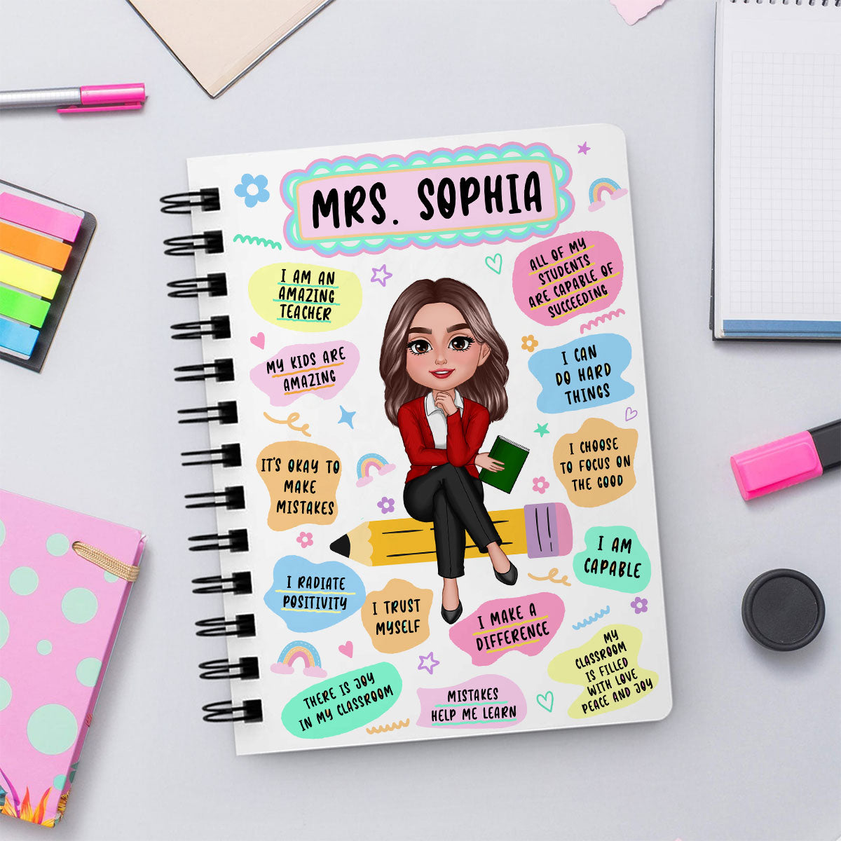 Teacher Daily Affirmation Personalized Spiral Notebook Journal, Back To School Stationery For Teacher
