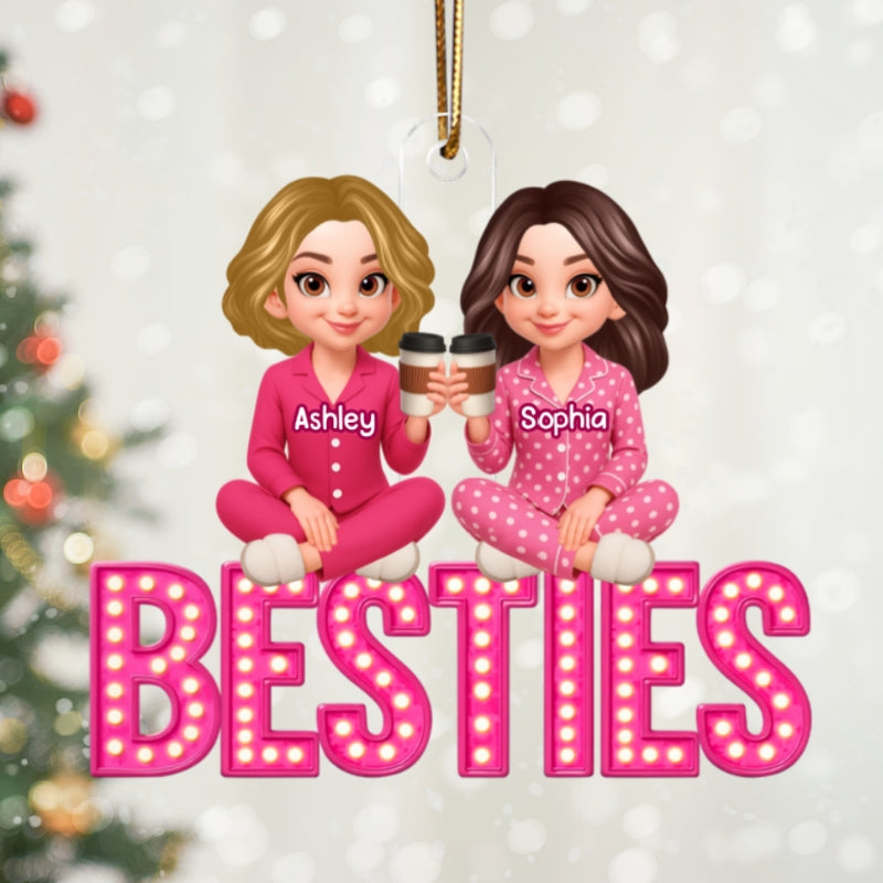 Pink Marquee Besties Sisters Sitting On Text Personalized Acrylic Ornament