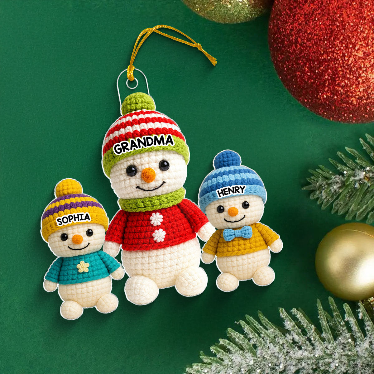 Heartwarming Grandma Grandkids Snowman 3D Crochet Effect - Personalized Acrylic Ornament - Christmas Gift for Grandmas