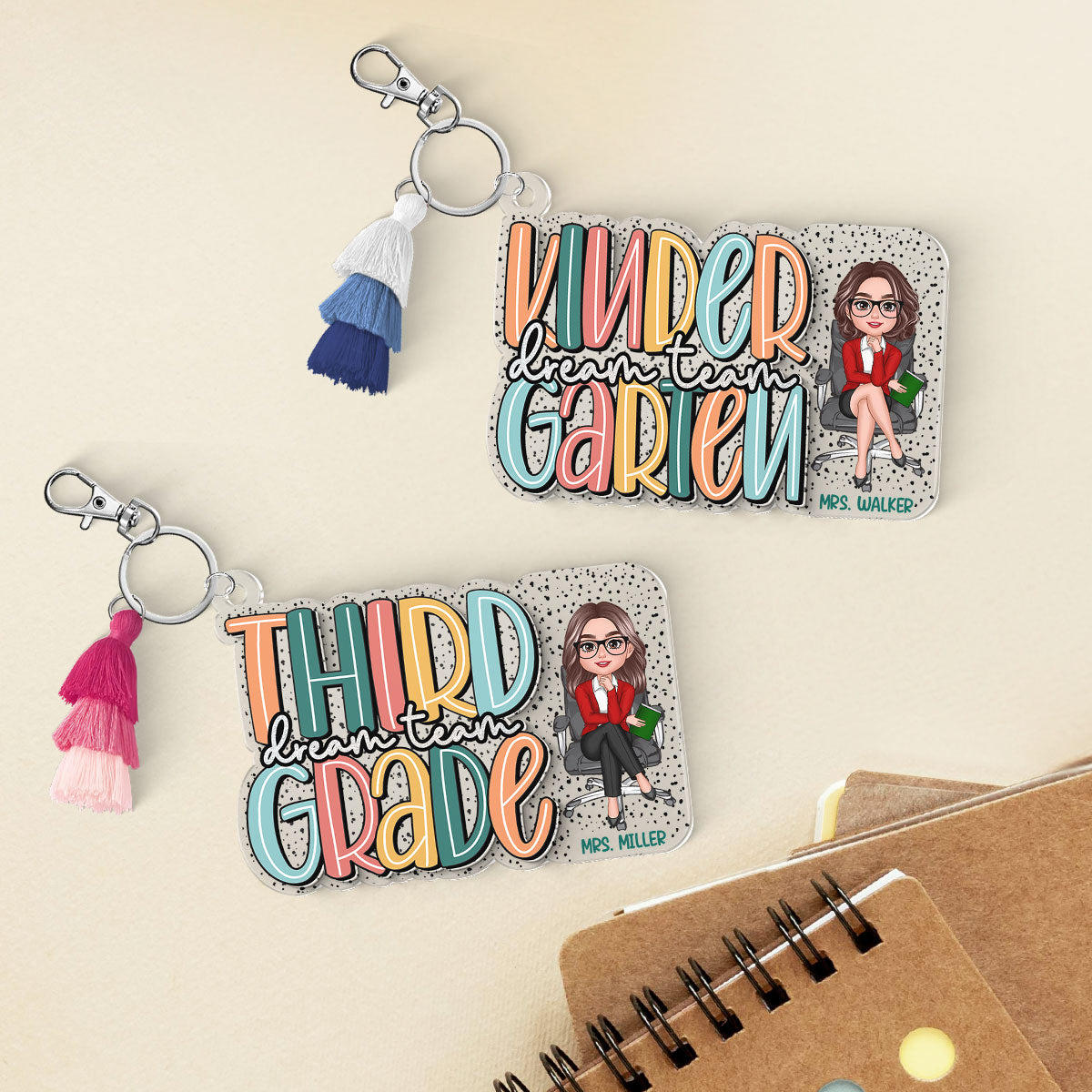 Back to School Teacher Dalmatian Pattern Personalized 2-Layer Acrylic Keychain, First Day of School, Teacher Team