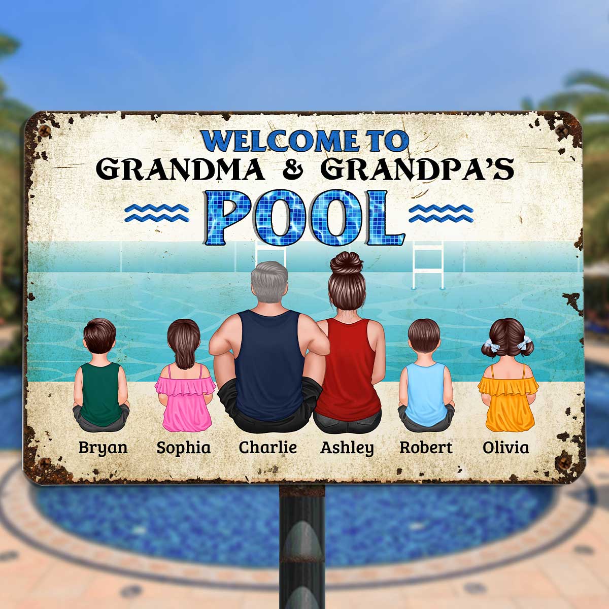 Welcome To Grandparents Pool Back View Grandpa Grandma Sitting With Grandkids Personalized Metal Sign