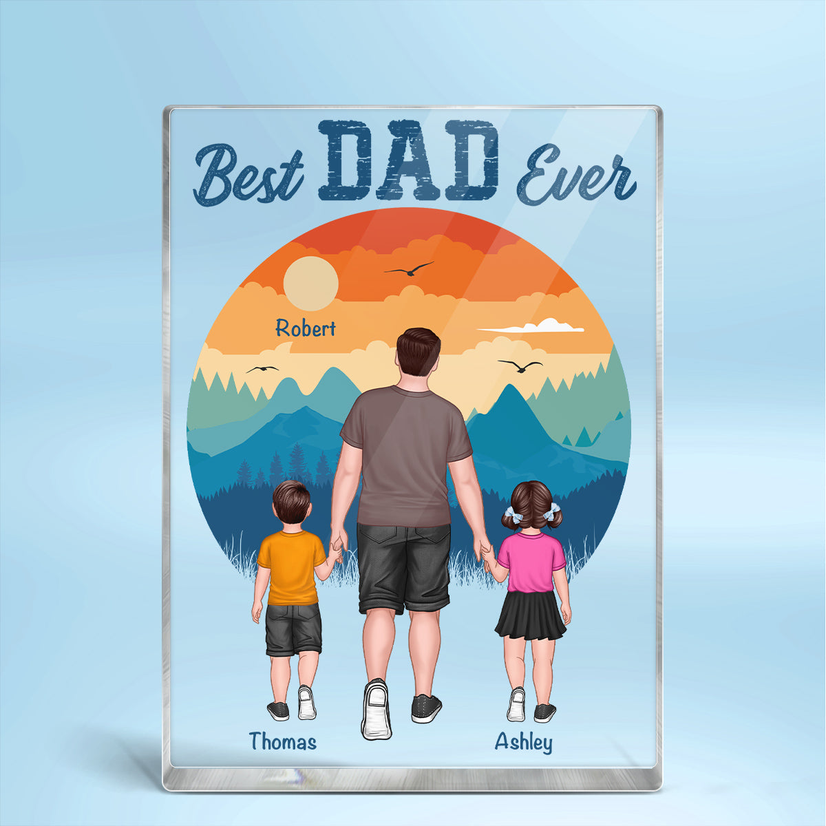 Best Dad Ever Walking Dad And Kids Retro Background Personalized Rectangle Acrylic Block Plaque