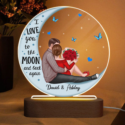 Couple Hugging Blue Moon Personalized Circle Plaque LED Night Light - Acrylic LED Lamp - Valentine‘s Day Gift For Him, Gift For Her