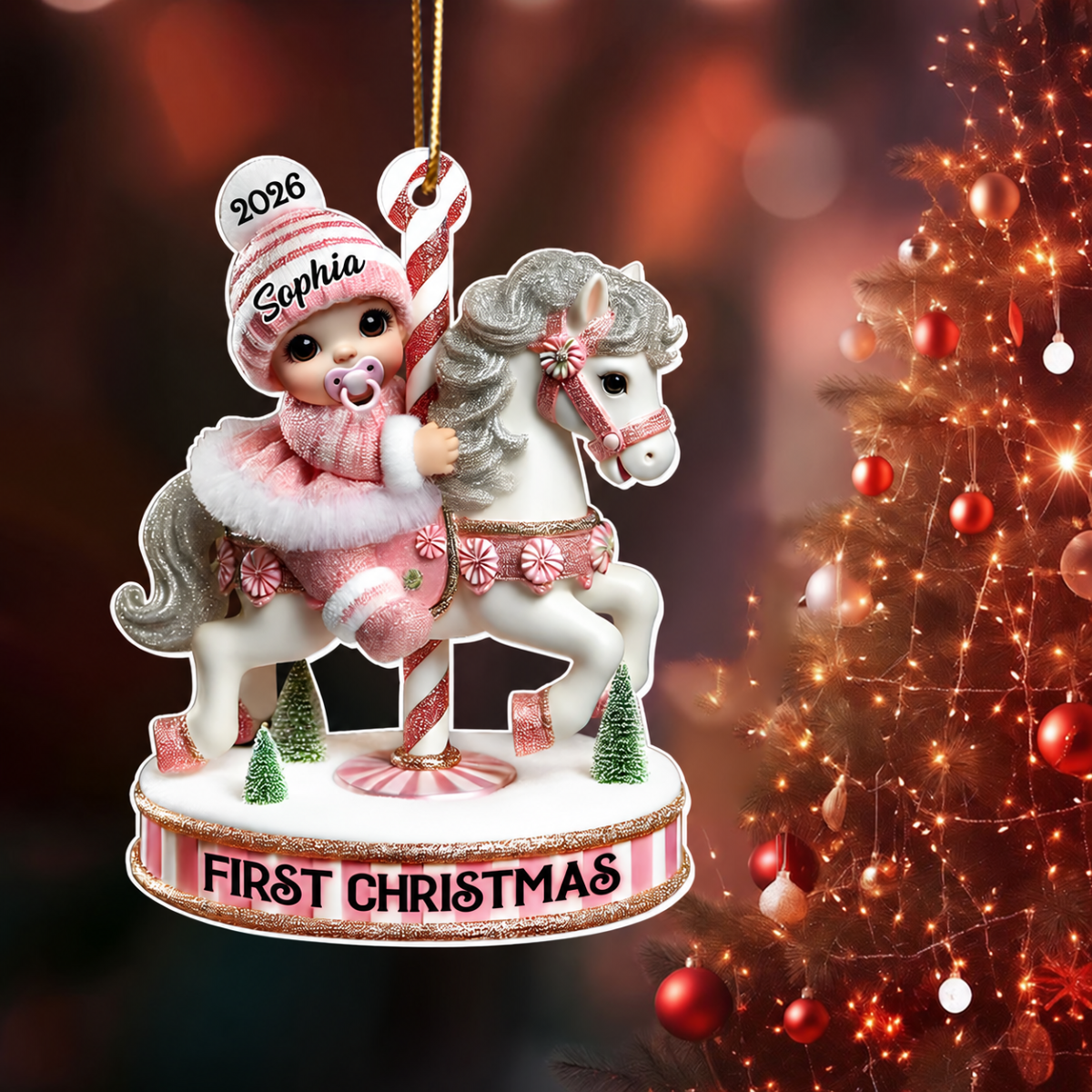 Baby's First Christmas Cute Baby On Carousel Horse Personalized Acrylic Ornament, New Parents Keepsake, Gift For Newborn