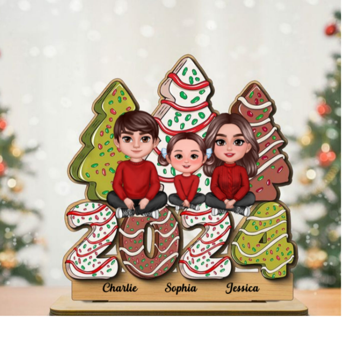 Family Crossed Legs Sitting Christmas Tree Cake Patterned Personalized 2-Layer Standing Wooden Plaque