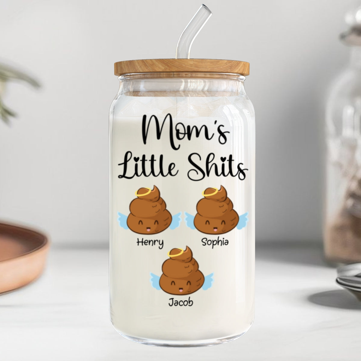 Mom Grandma Dad Grandpa Little Angels Personalized Clear Glass Can