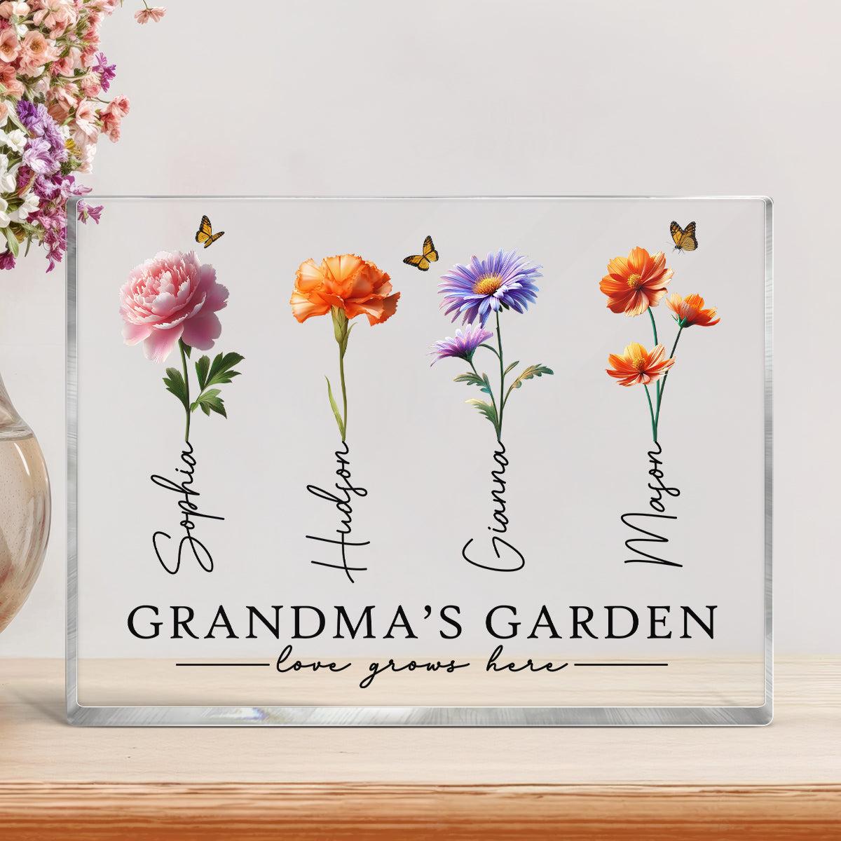 Grandma's Garden 3D Effect Birth Month Flowers Personalized Rectangle Acrylic Block Plaque