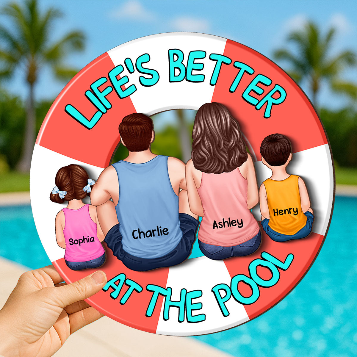 Family Sitting Back View Poolside Swimming Float Personalized 2-Layer Wood Sign