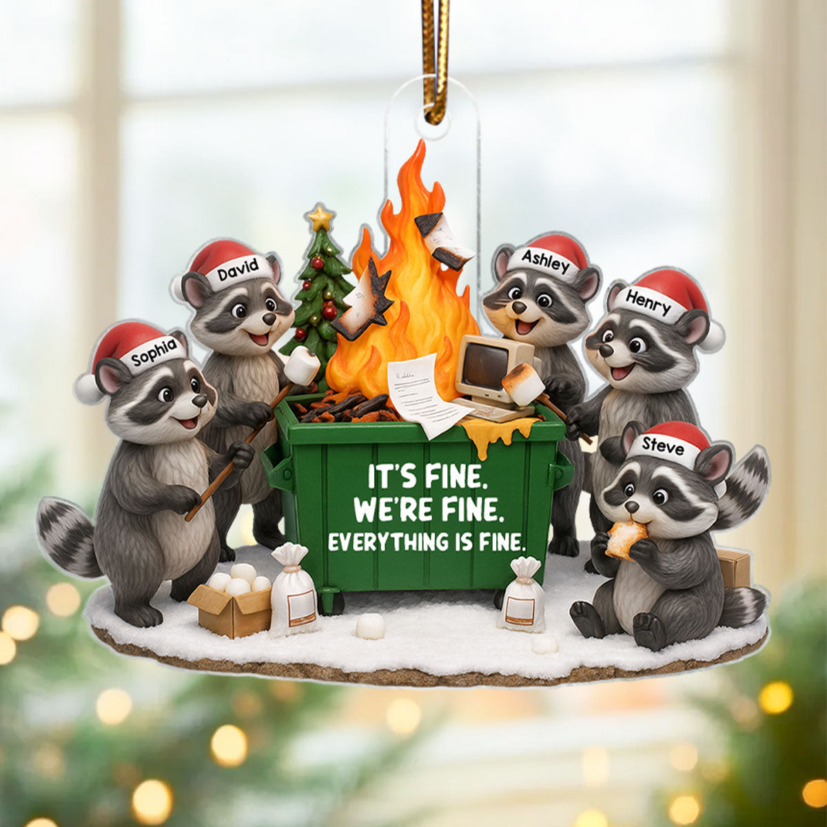 Funny Raccoon It's Fine We're Fine Dumpster Fire - Personalized Acrylic Ornament - Funny Holiday Gift for Coworkers