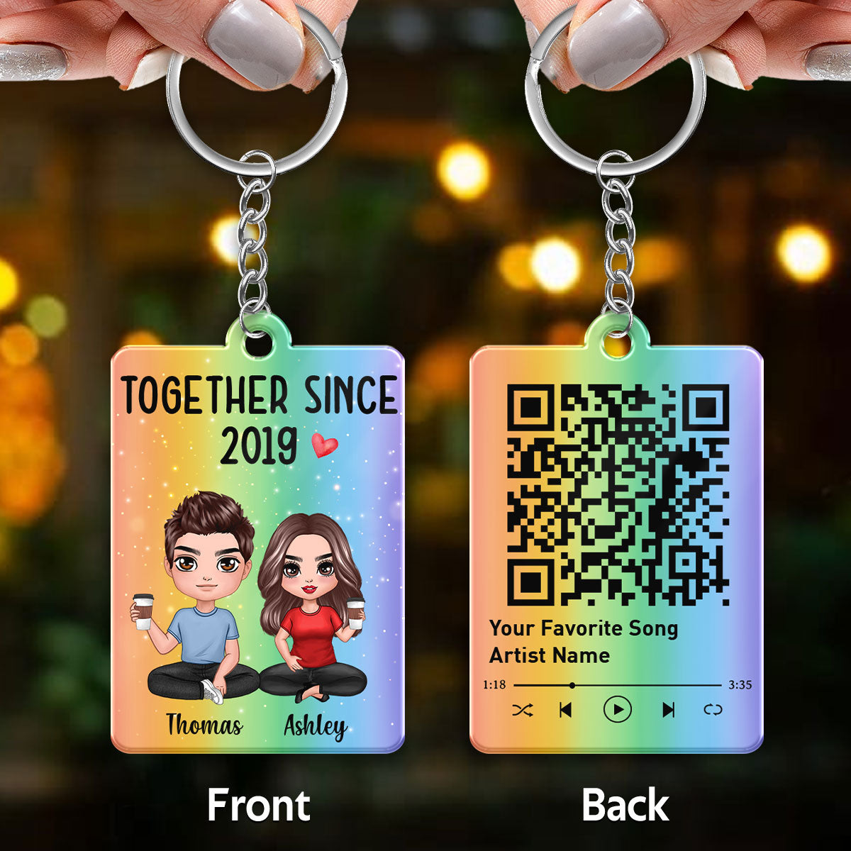 Doll Couple Sitting Rainbow Favorite Song QR Code Personalized Acrylic Keychain