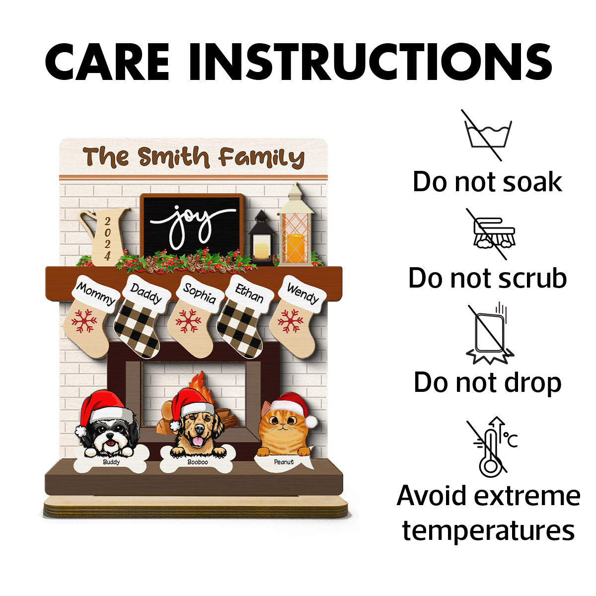 Family With Dog Cat Stockings Fireplace Personalized 2-Layer Standing Wooden Plaque, Christmas Mantle Table Topper