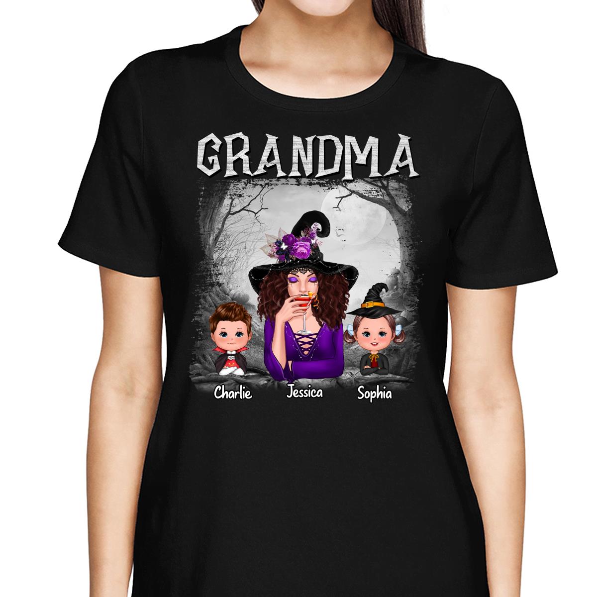Halloween Black And White Forest Grandma With Grandkids Personalized Shirt