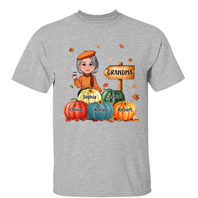 Grandma Mom Sitting In Pumpkin Patch Personalized Shirt