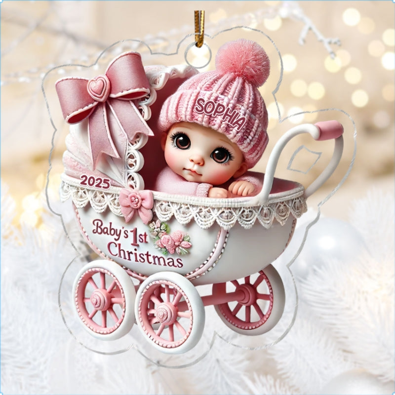 3D Effect Newborn Baby In Carriage Christmas Personalized Acrylic Ornament, Christmas Gift For Newborns, New Parents
