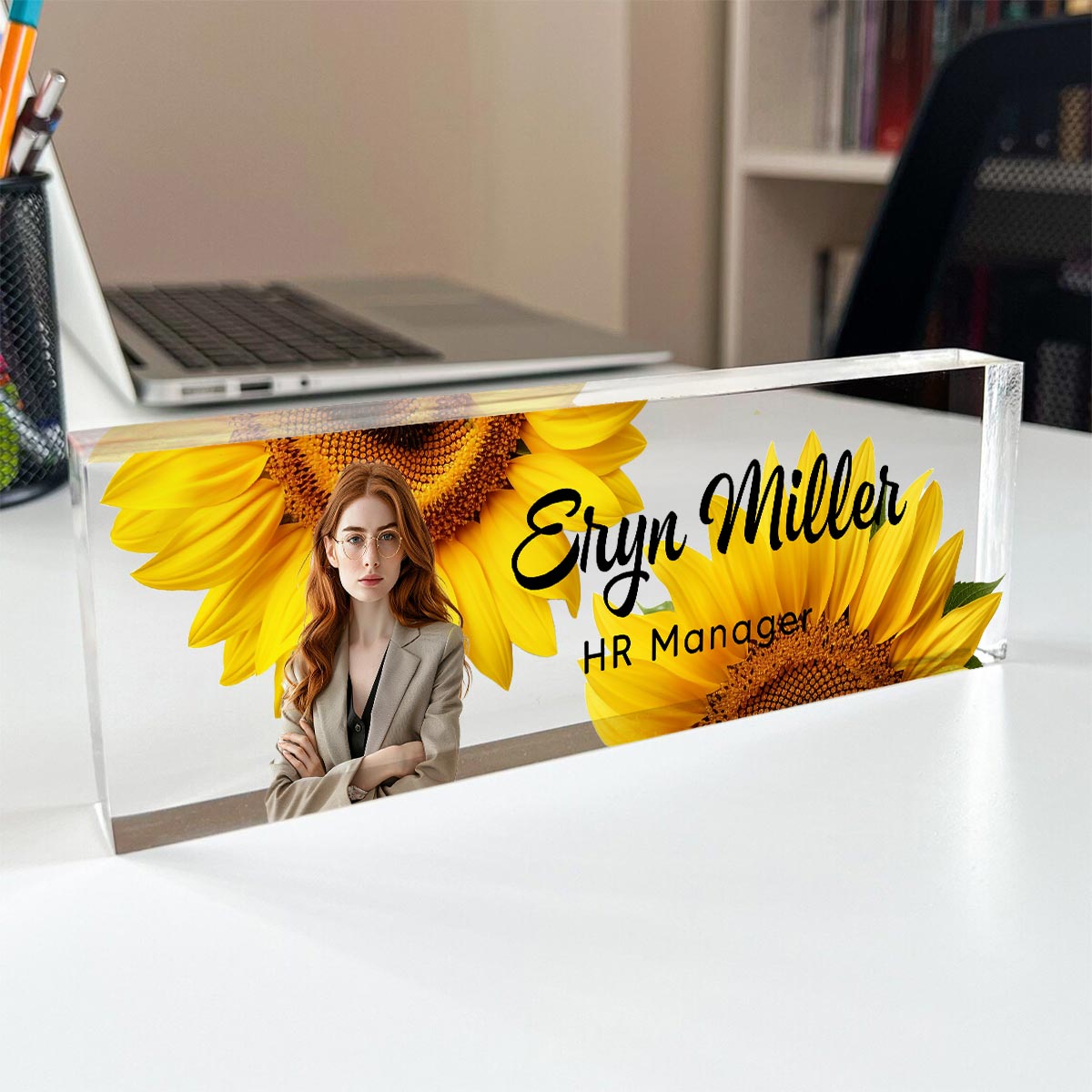 Upload Photo Daisy Flowers Blank Personalized Acrylic Desk Name Plate, Gift For Colleagues, Coworkers, Boss, Nurses, Doctors