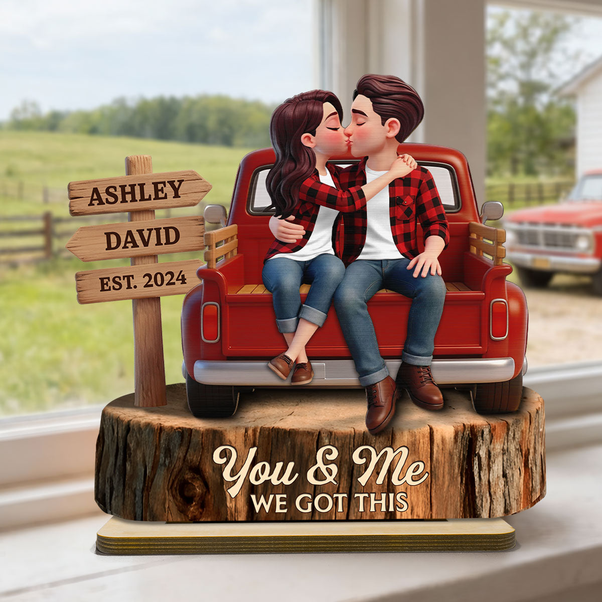 Everlasting Love Couple Sitting Kissing Pickup Truck Sign Posts - Personalized 2-Layered Wooden Plaque - Valentine's Day Gift For Couple, Farmhouse Decor