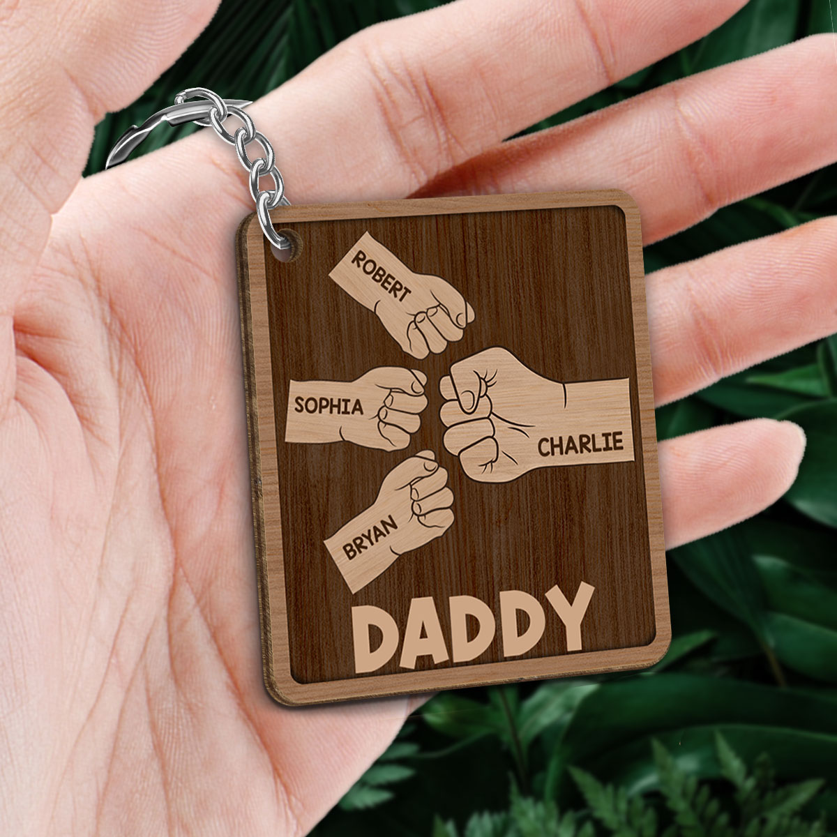 Dad Grandpa And Kids Fist Bump Hands Personalized Wooden Keychain
