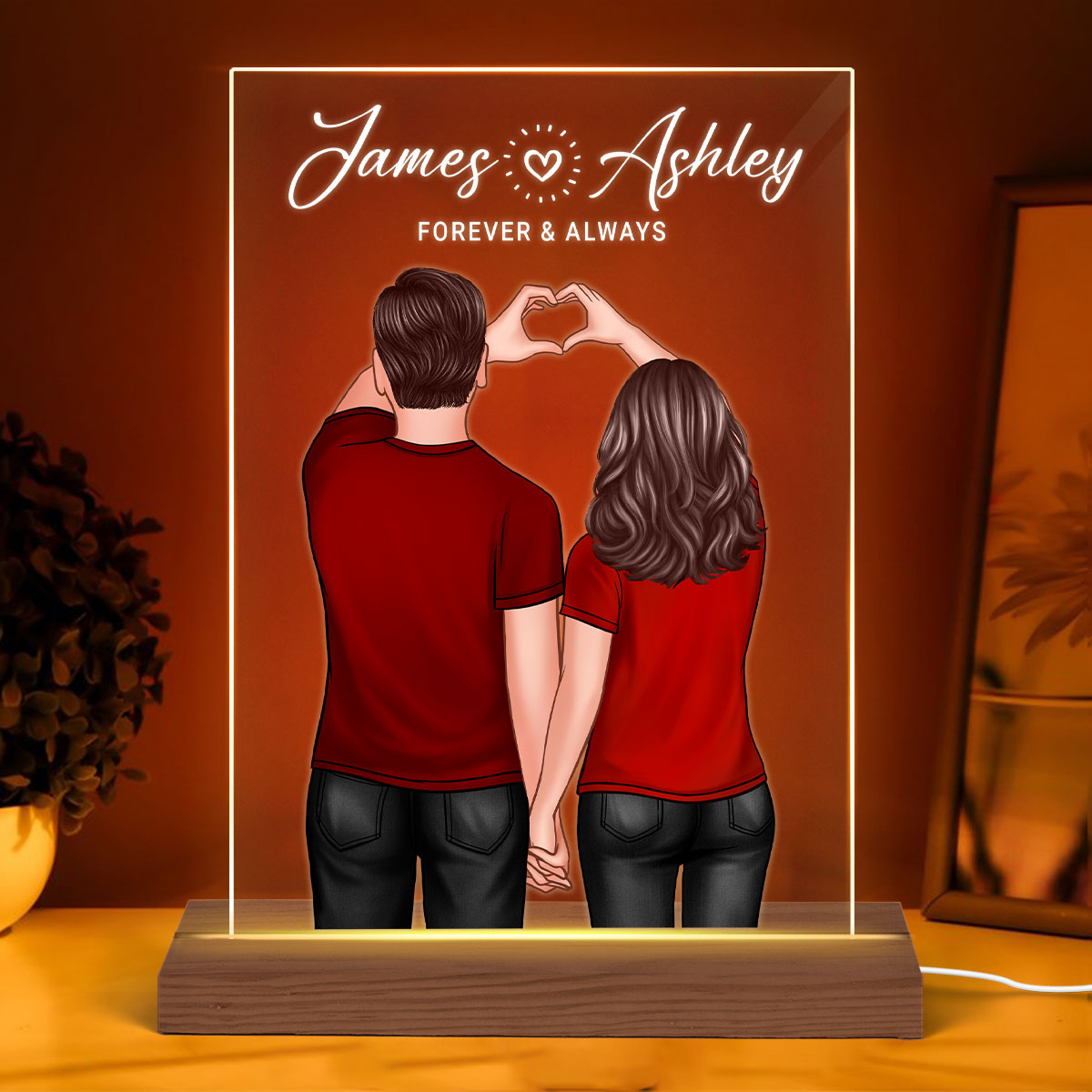 Back View Couple Heart Hands Simple Personalized Plaque LED Night Light - Valentine‘s Day Gift