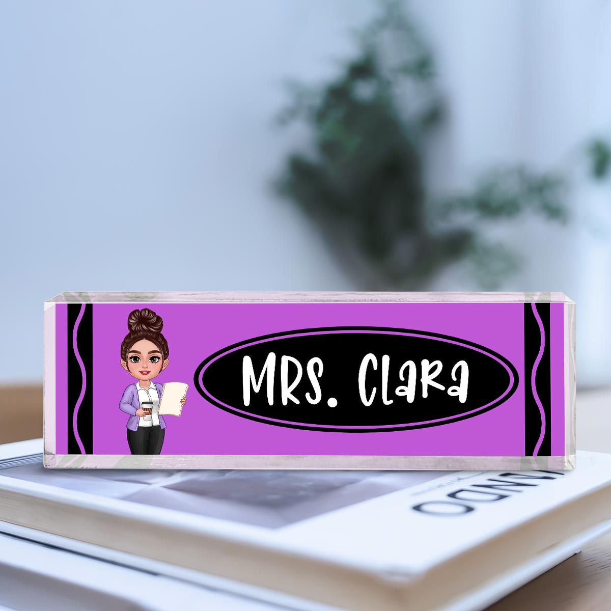 Teacher Crayon Pattern Personalized Acrylic Desk Name Plate, Back To School Gift For Teacher