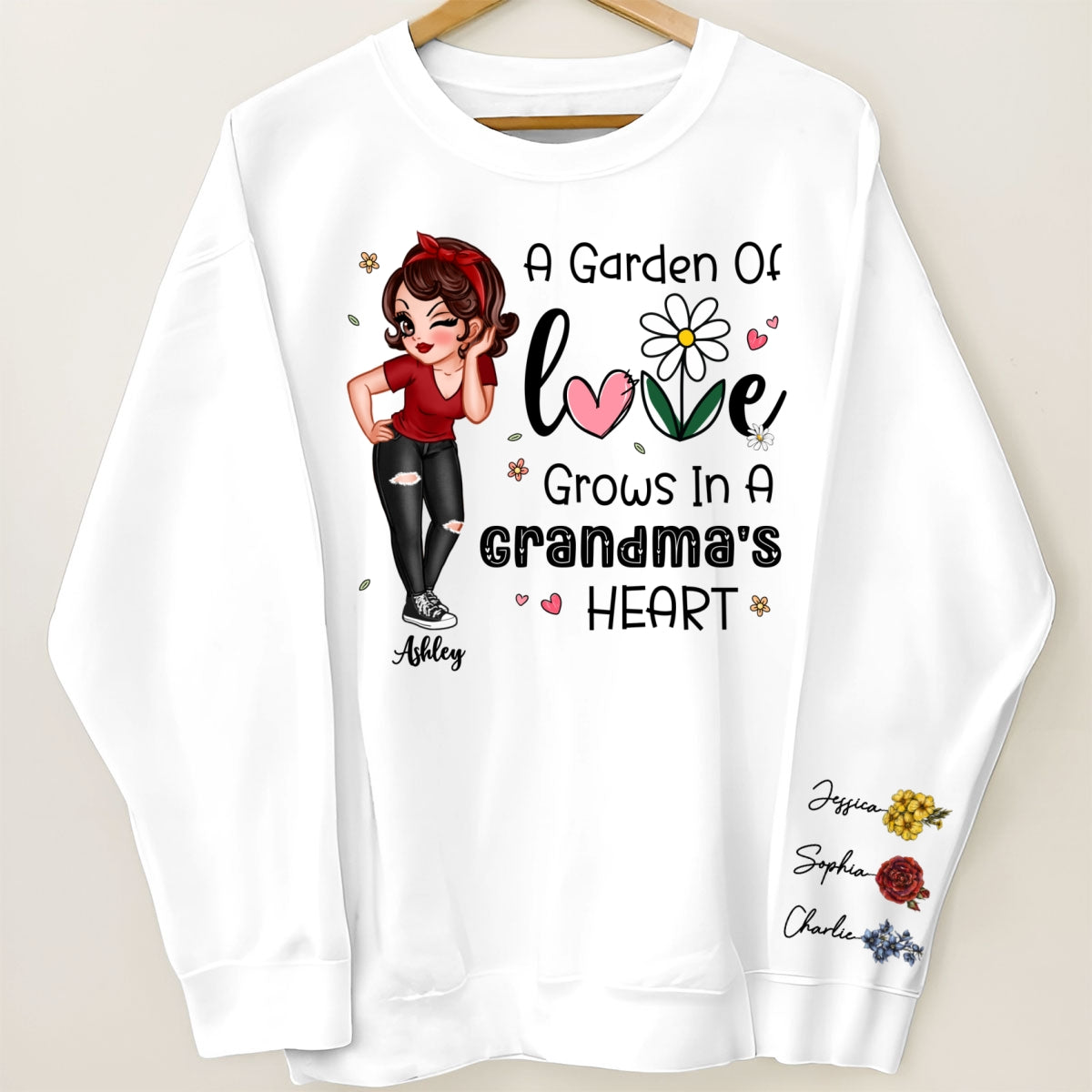 Garden of Love Grows In Grandma‘s Heart Beautiful Vintage Birth Flower Personalized Sleeve Printed Sweatshirt