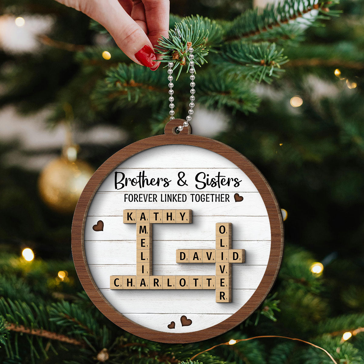 Brothers & Sisters Forever Linked Together Crossword Puzzle Art Personalized 2-Layer Wooden Ornament, Gift For Brothers, Sisters, Siblings, Family