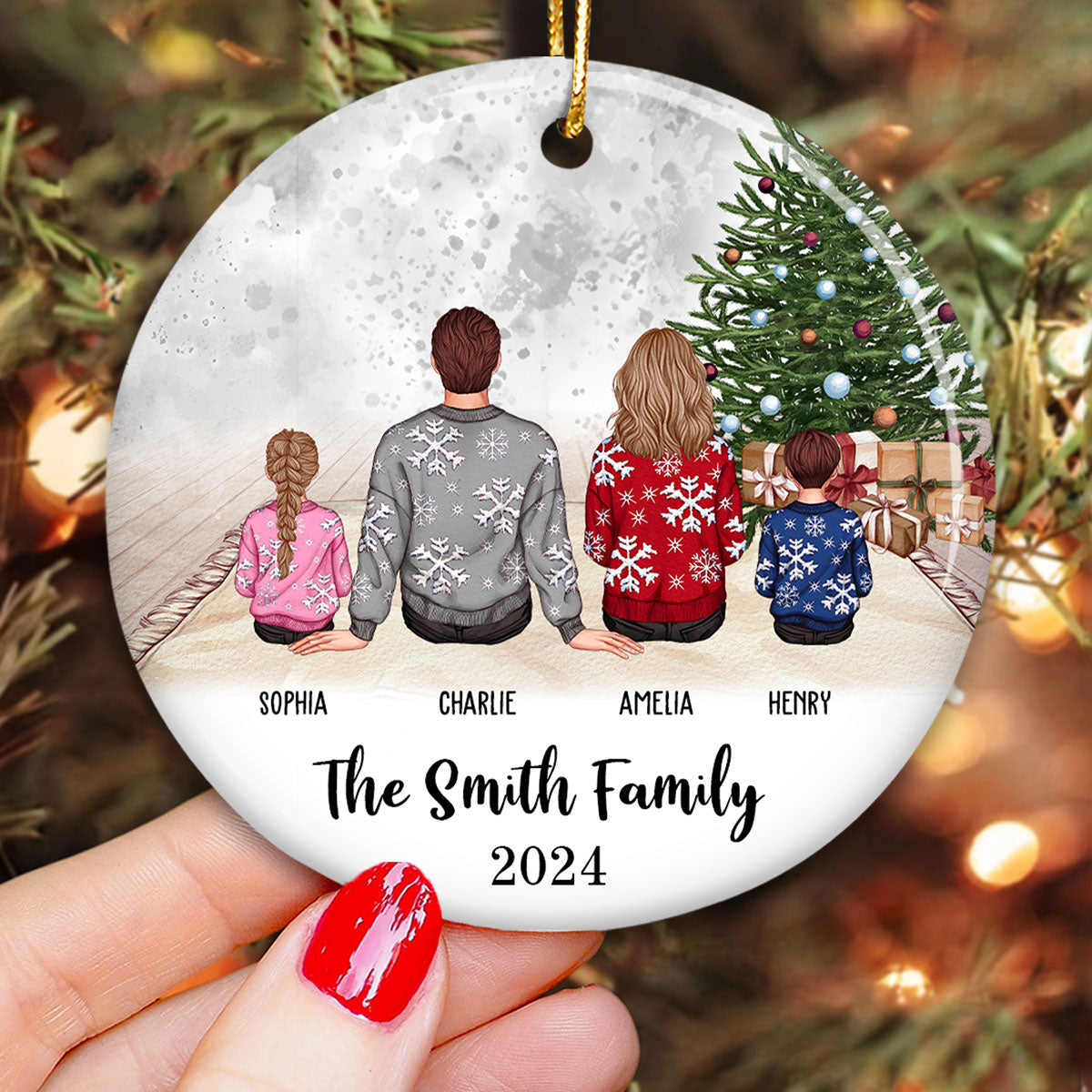 Personalized Big Christmas Family Ornament, Sitting Family Back View, Merry Christmas