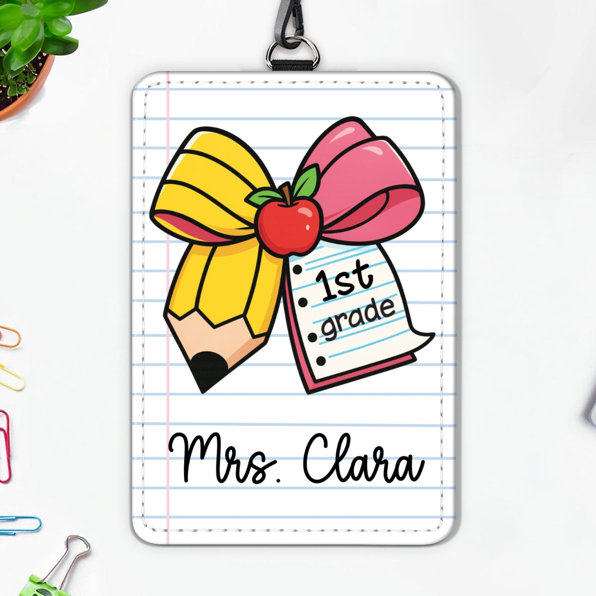 Pencil Coquette Bow Teacher Name Personalized ID Badge Holder, Back To School Gift