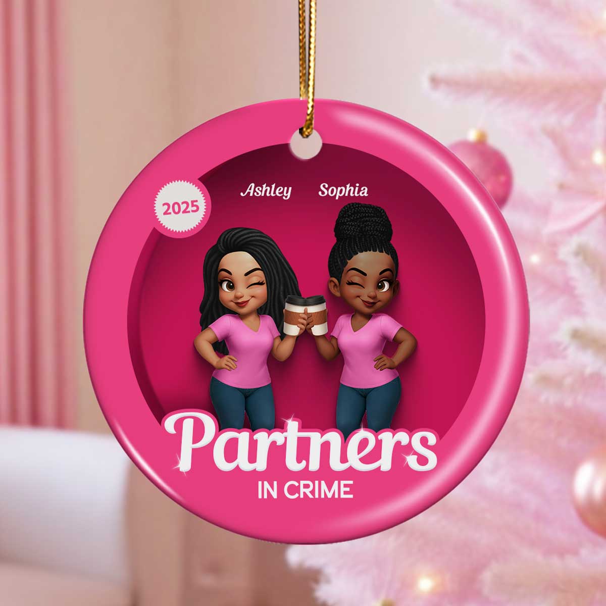 Besties Sisters 3D Effect Pink Toy Box Personalized Circle Ceramic Ornament, Gift for Besties, Best Friends
