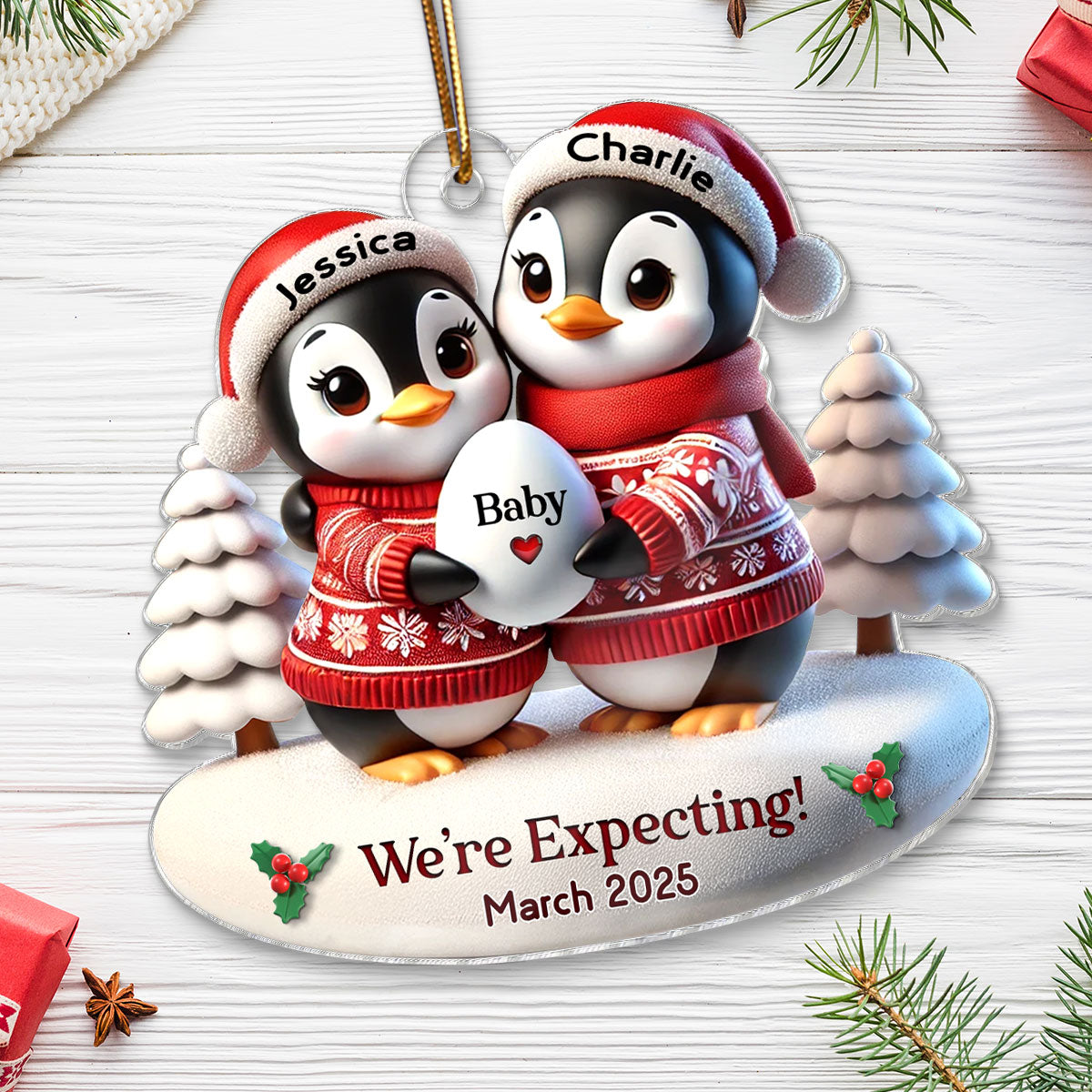 3D Effect Cute Penguin Couple Expecting Parents Pregnancy Announcement Keepsake Personalized Acrylic Ornament