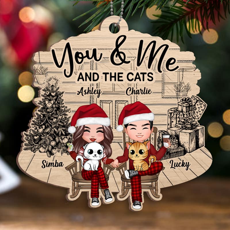 Couple And The Cats Front Porch Personalized Christmas Wooden Ornament