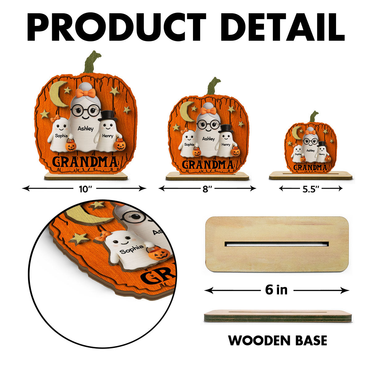 Halloween Grandma Grandkids Boo Pumpkin Shaped Pesonalized 2-Layer Standing Wooden Plaque, Tabletop Tier Tray Decor