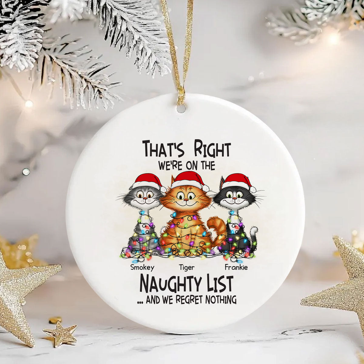 Christmas Quirky Cat On The Naughty List I Regret Nothing Personalized Ceramic Ornament, Unique Christmas Gift For Cat Owners Cat Lovers