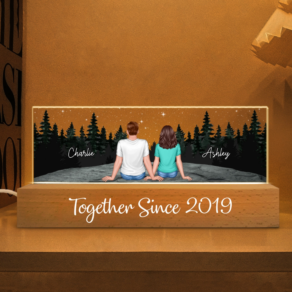 Back View Couple Stargazing Galaxy Night Personalized Acrylic Block LED Night Light, Heartfelt Gift For Couple, For Him, For Her, Boyfriend, Girlfriend, Husband, Wife