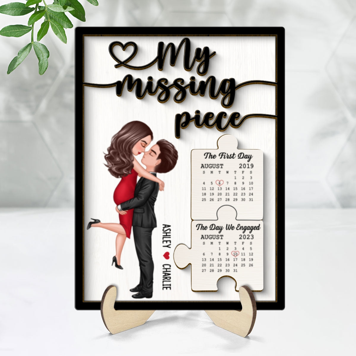 Couple Kissing Anniversary Dates Puzzle Personalized 2-layer Wooden Plaque
