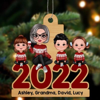 Grandma Grandkids Sitting 2022 Christmas Personalized Wooden Ornament