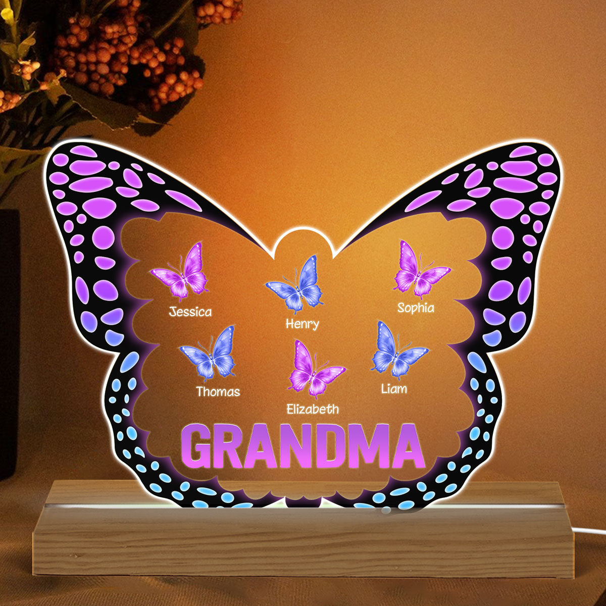 Grandma Mom Butterflies In Butterfly Personalized Acrylic Custom Shape LED Night Light