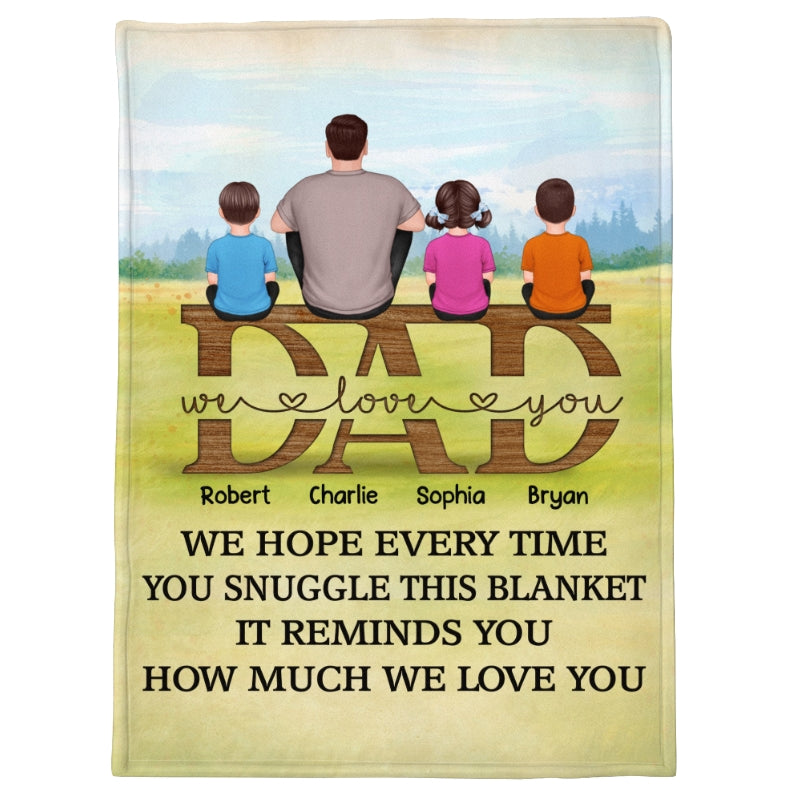 Snuggle This Blanket Back View Man Kids Sitting On Word Personalized Fleece Blanket