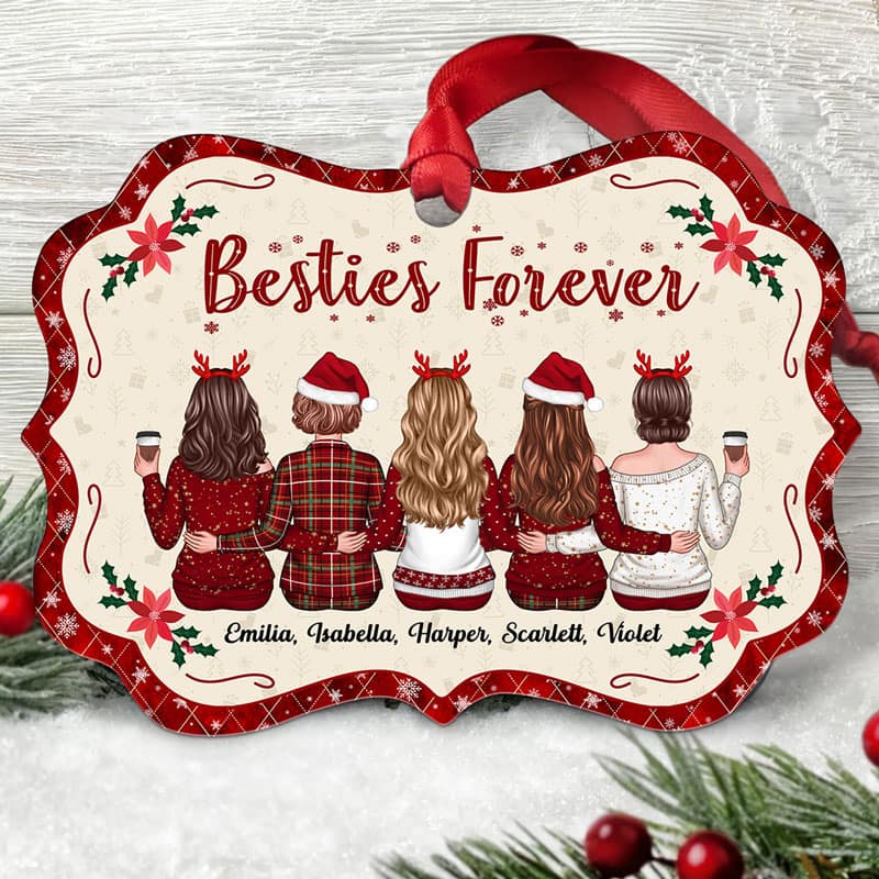 Besties Forever Back View Christmas Vibe Red Border Personalized Christmas Ornament