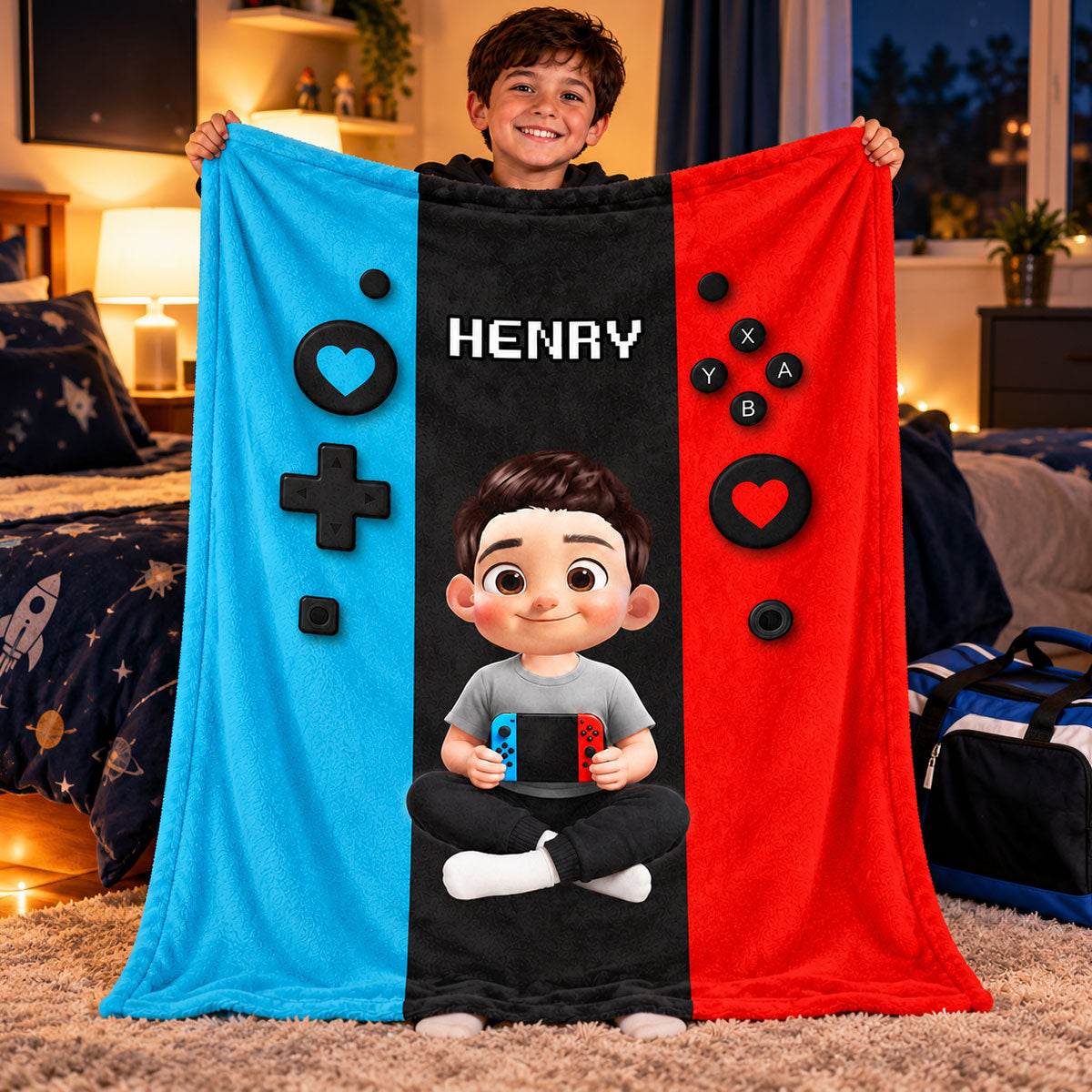 Gamer Player Custom Kid Name - Personalized Fleece Blanket - Christmas Gift For Gamer, Grandson, Son, Granddaughter, Daughter, For Boys, Girls