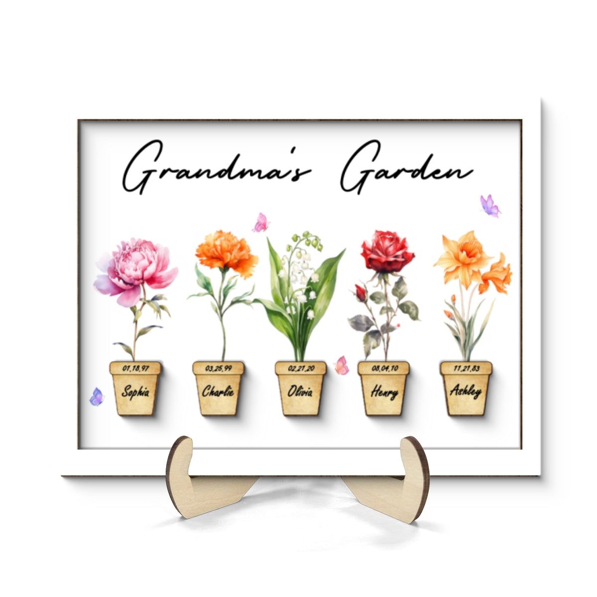 Family Grandma Garden Flower Pot Beautiful Birth Month Flowers Personalized 2-Layer Wooden Plaque