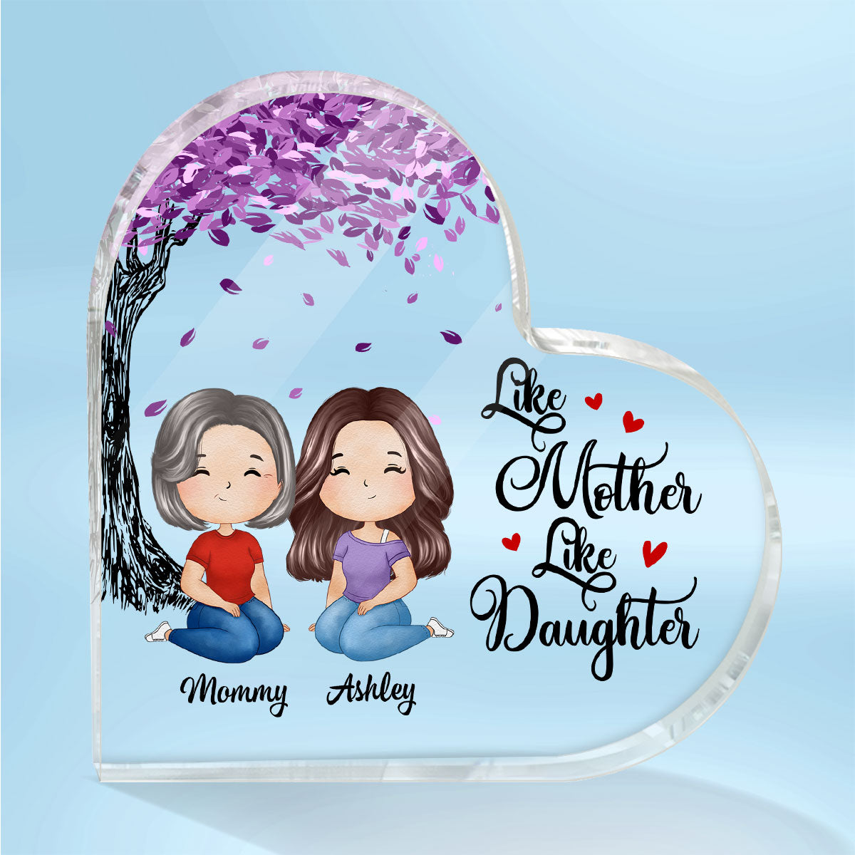 Watercolor Style Mom And Daughters Sitting Under Purple Tree Personalized Heart Acrylic Plaque