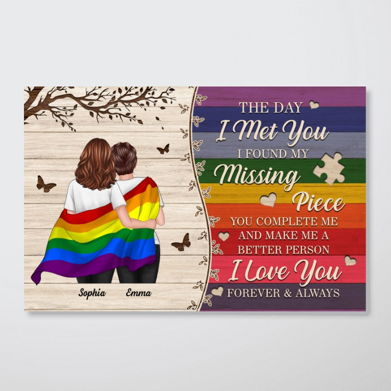 Colorful Wood Pallets The Day I Met You LGBTQ Couple Hugging Flag Personalized Poster, Pride Month Gift