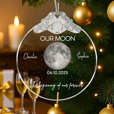 Custom Moon Phase Couple Anniversary Date The Beginning Of Our Forever - Personalized Glass Ornament With Silver Cap