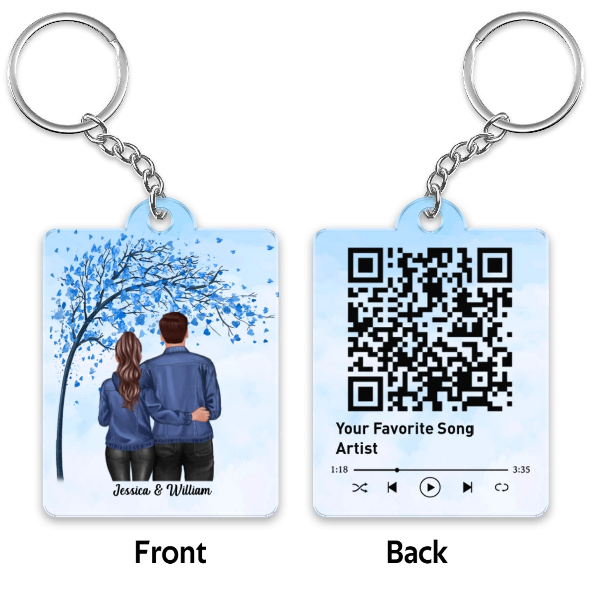 Back View Couple Standing Hugging Under Tree Favorite Song Scannable QR Code Personalized Acrylic Keychain