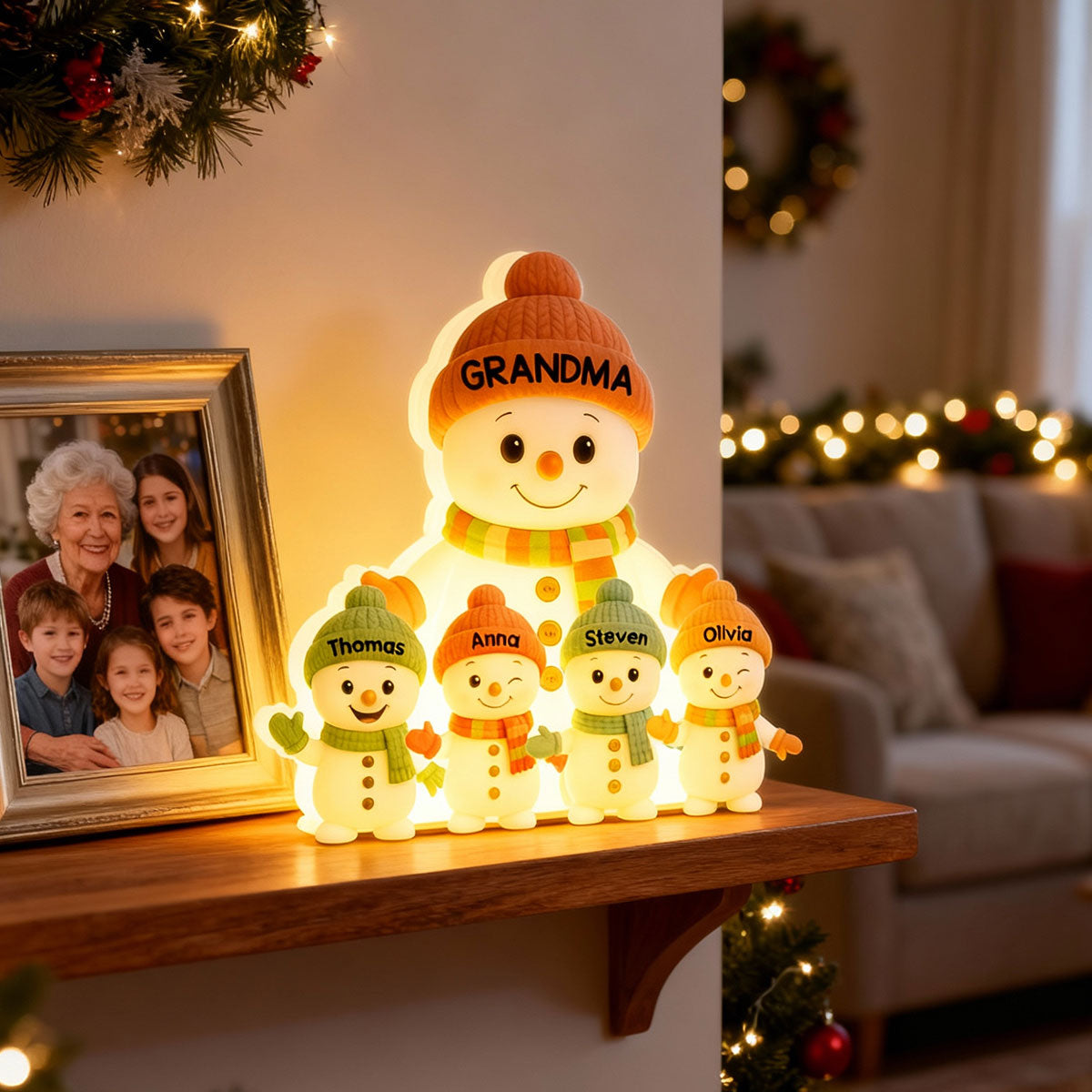 Pastel Color Christmas Grandma Grandkids Snowman Together - Personalized Light Box