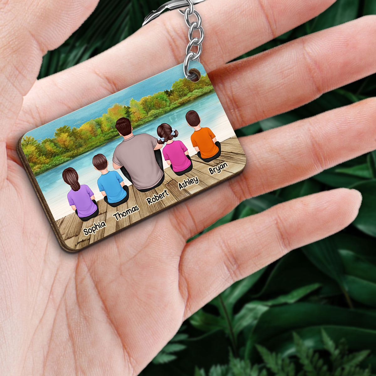 Best Dad Ever Back View Man Kids Dog Cat Sitting Landscape Background Personalized Wooden Keychain