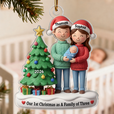 3D Effect First Christmas As Family Of Three Mom Dad & Baby By Tree - Personalized Acrylic Ornament