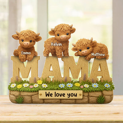 3D Effect Mama Cute Highland Cow Kids Names Personalized Flat Acrylic Block Plaque, Gift For Mom, Grandma